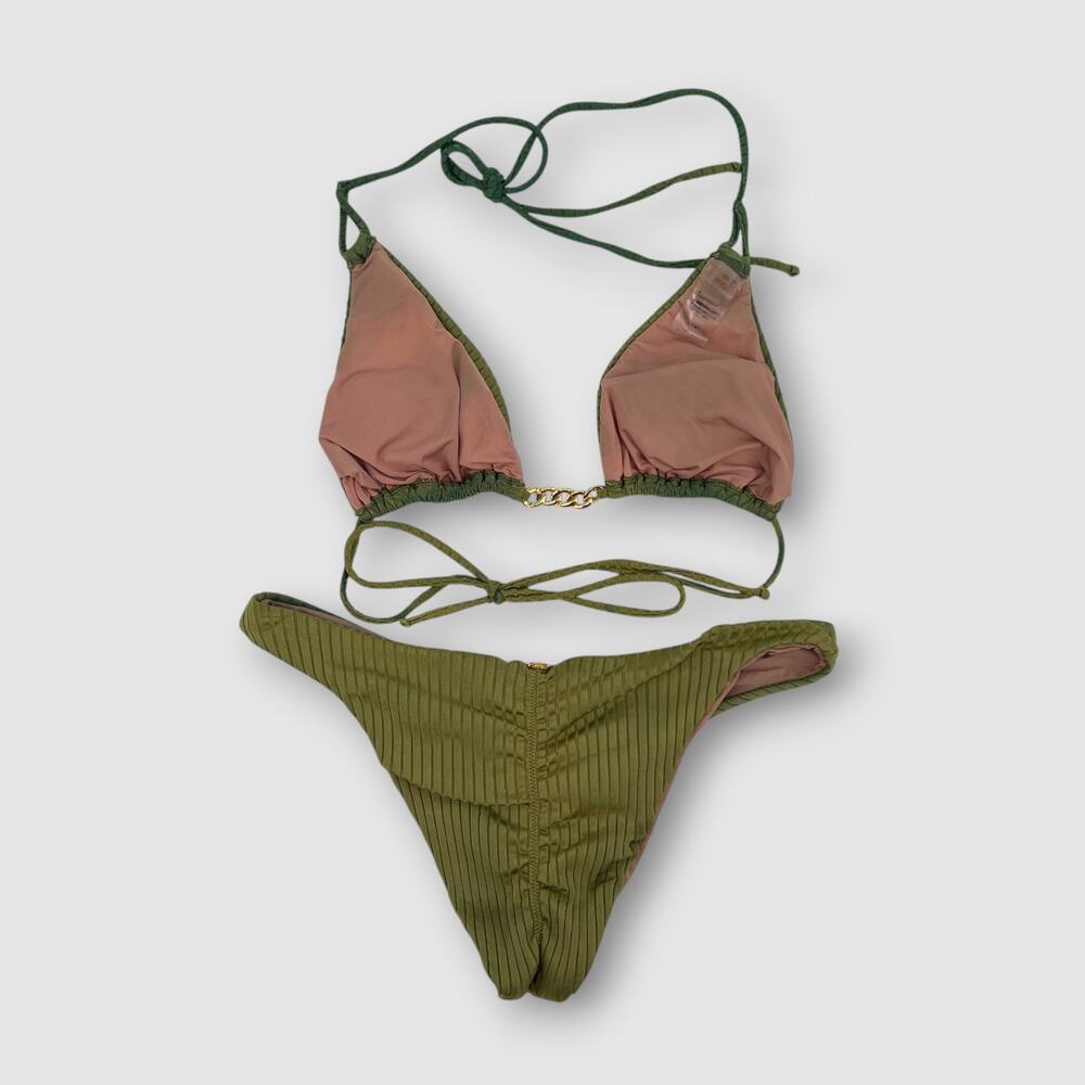 PQ Swim Ribbed Triangle Bikini Set Olive Green Gold Chain Detail Large - Picture 2 of 8
